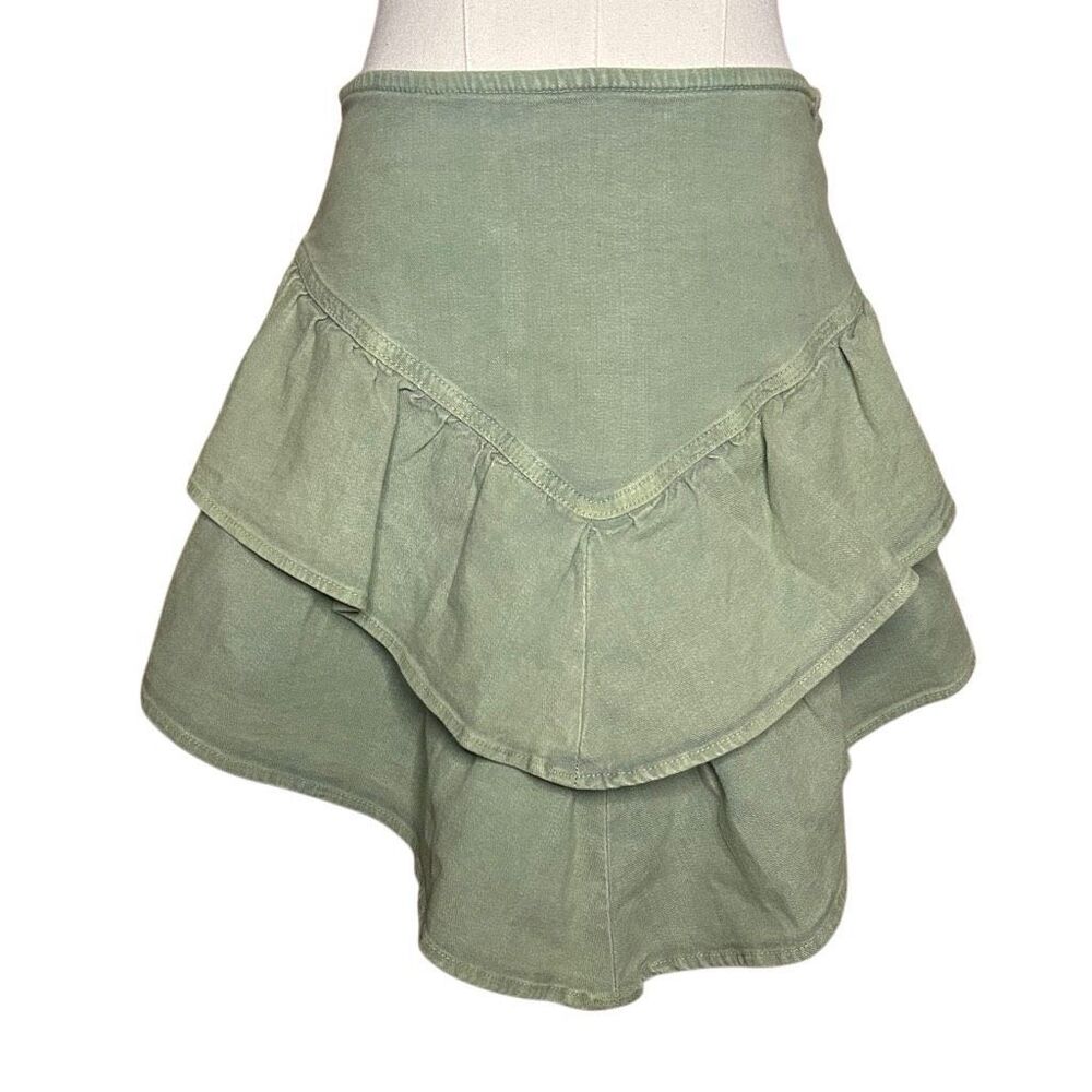 Mother The Ruffle Mini Skirt Green Size 29 Twill Asymmetric Tiered Hem